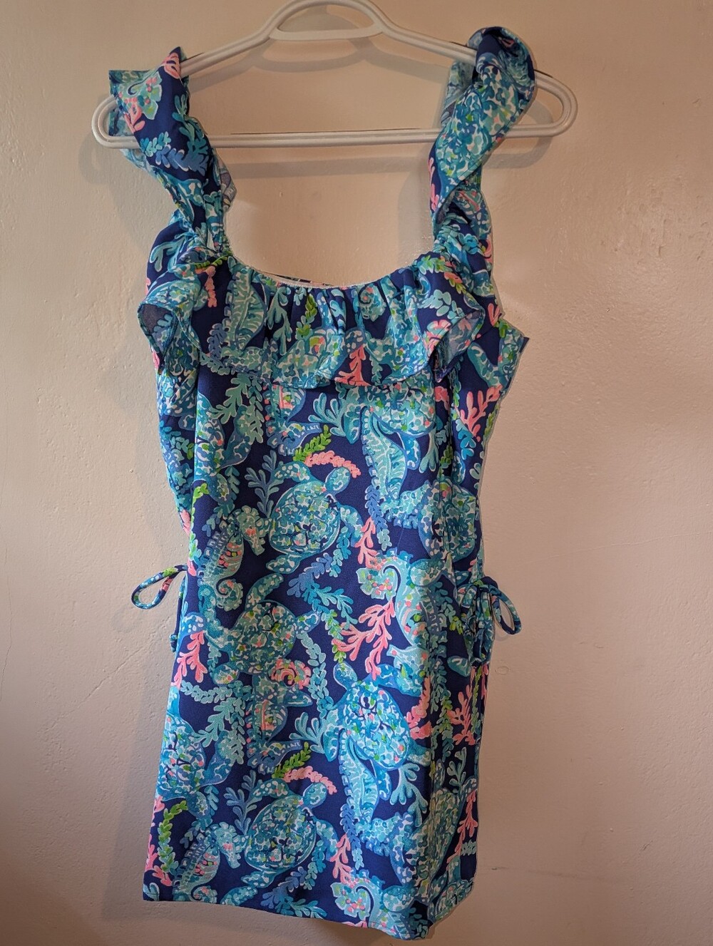 NWT Lilly Pulitzer Blue Sea Turtle Ruffle Tie-Shoulder Dress